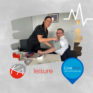 Employee health check graphic with Celine from KA Leisure and Chief Executive Craig Hatton at recent KA health check session
