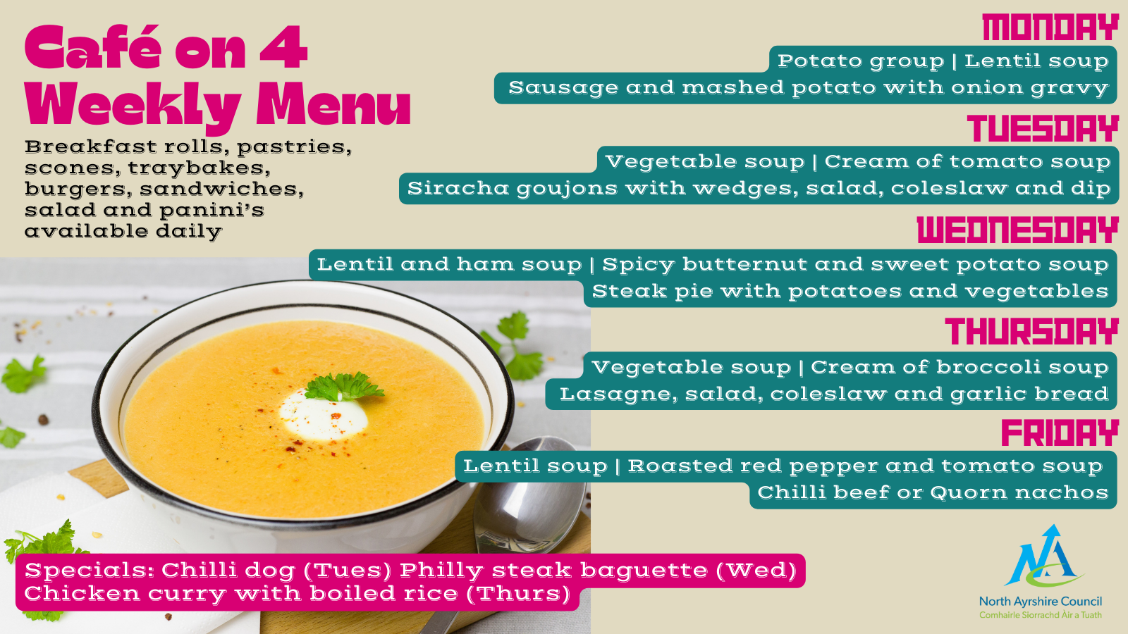 Café on 4 Weekly Menu (4) Café on 4 Weekly Menu with bowl of lentil soup graphic - full details in article