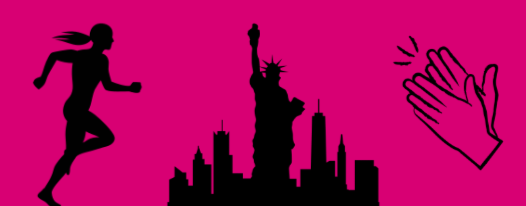 Marathon graphic with New York silhouette and clapping hands icon