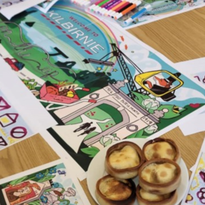 Design blueprints and pies on table