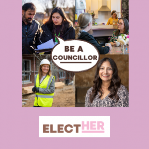Be a councillor thumbnail with Elect Her logo to promote upcoming event for women interested in becoming a councillor