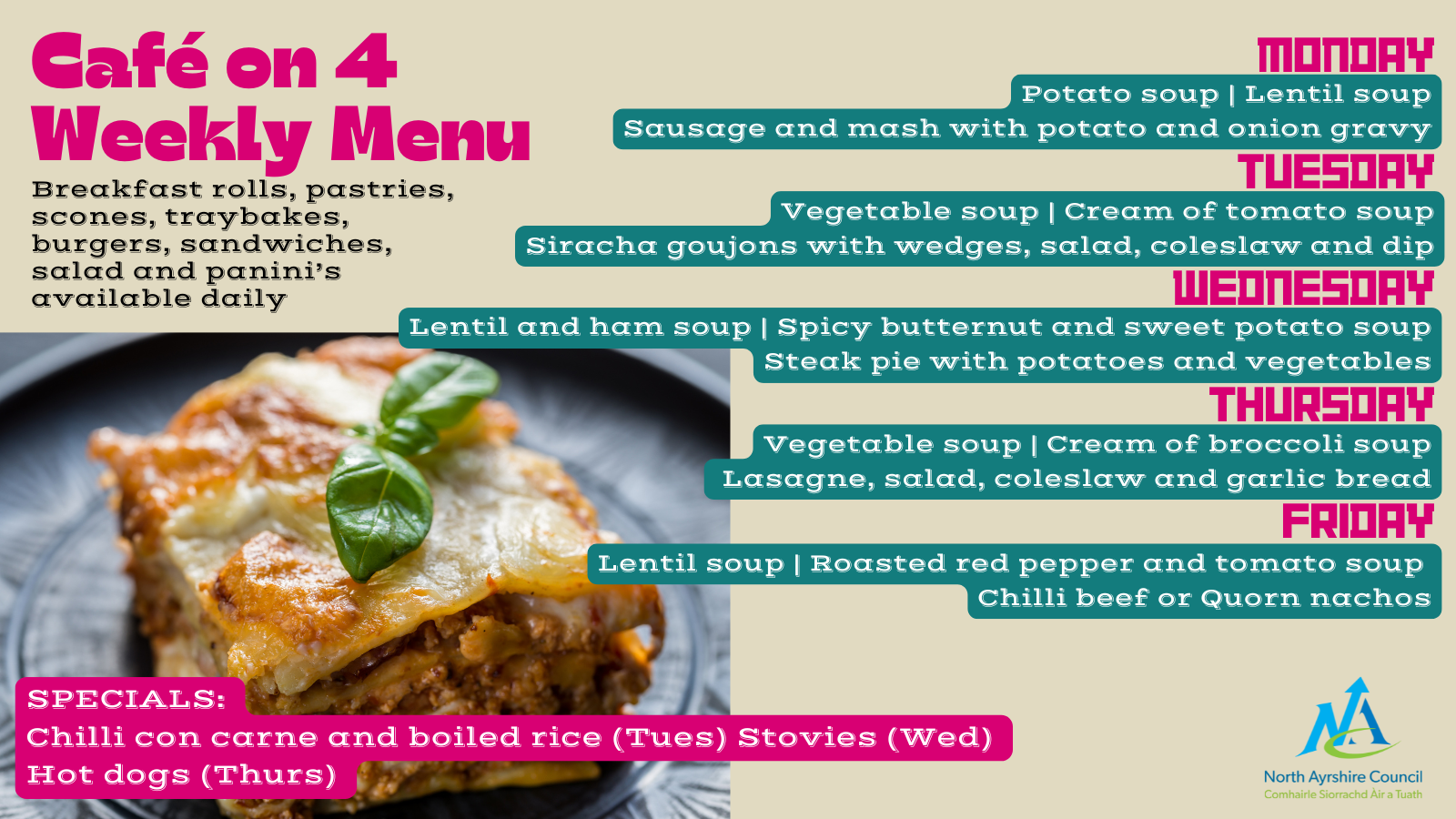 Cafe weekly menu 13 October with pic of lasagne full details in news article