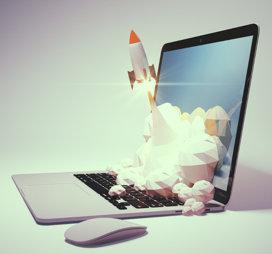 Laptop with rocket Laptop with rocket taking off from keyboard