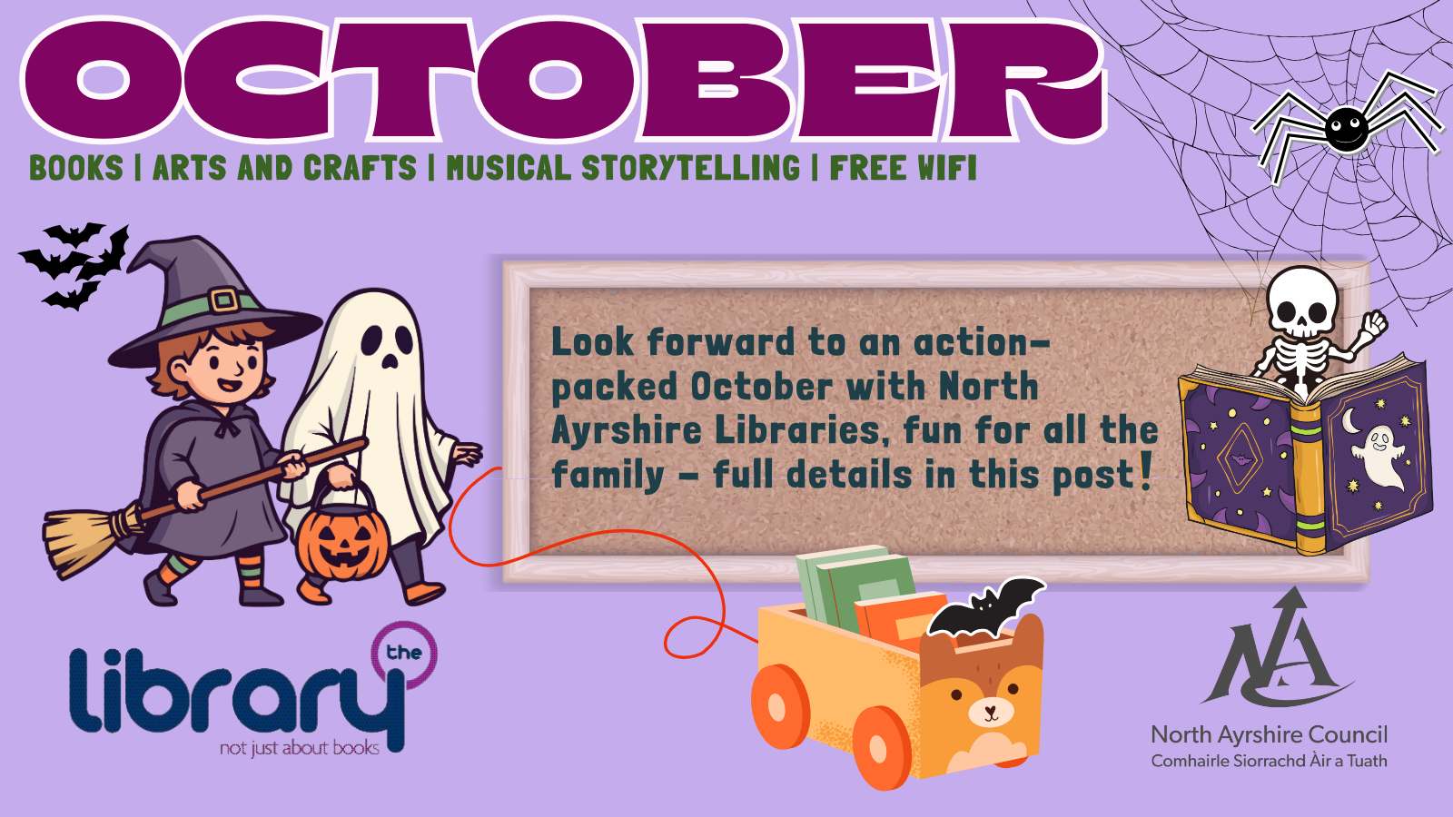 Free family fun for all this October at North Ayrshire Libraries graphic with witch ghost bats spiderweb skull and book full details in post.
