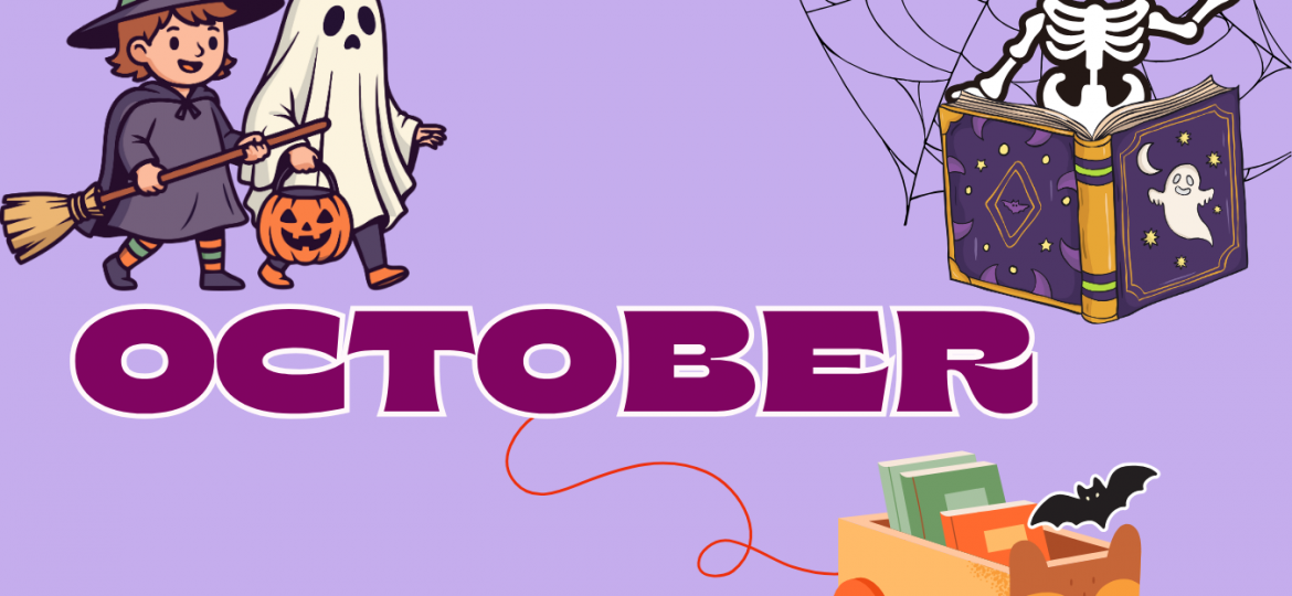 October North Ayrshire Libraries fun graphic with Halloween graphics, cobweb, book and skeleton