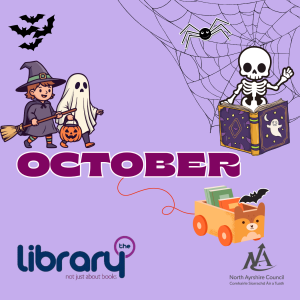 October North Ayrshire Libraries fun graphic with Halloween graphics, cobweb, book and skeleton