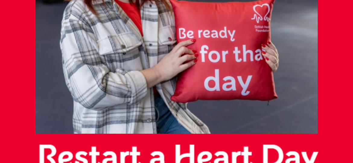British Heart Foundation Restart a Heart Day graphic with woman holding red British Heart Foundation cushion