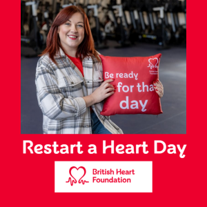 British Heart Foundation Restart a Heart Day graphic with woman holding red British Heart Foundation cushion