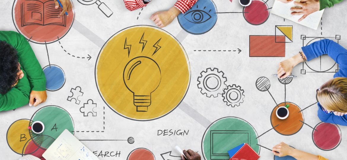 Photo collage with light bulb and people sharing ideas round a table with icons