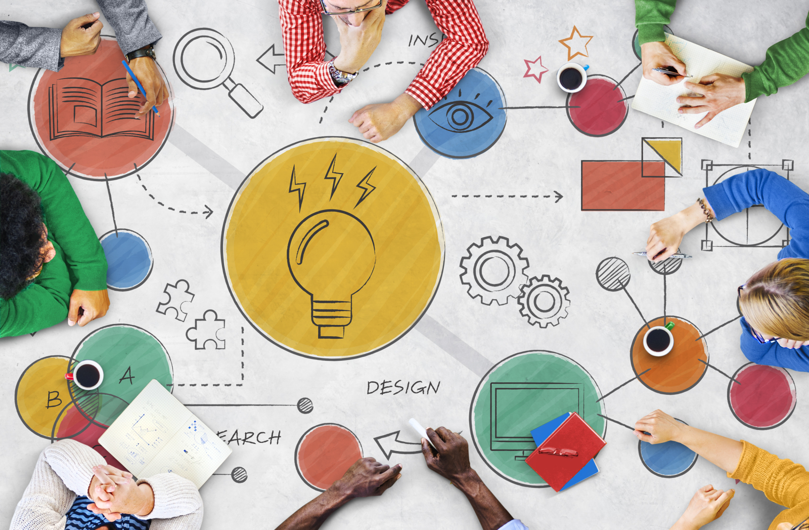 Staff News Article Photo collage with light bulb and people sharing ideas round a table with icons