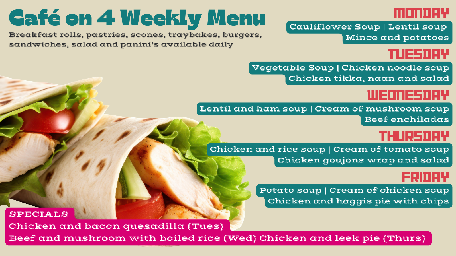 Cafe weekly menu for week commencing 1 December with graphic of a chicken salad wrap - full details in article