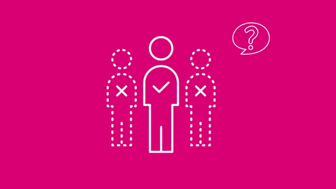 Three figures on a pink background. One has a tick on their chest, the other two have crosses.
