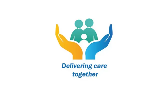 A pair of hands surrounding the outline of a small family, in orange, green and blue colours