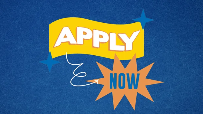 Apply now, written in yellow white and orange on a blue background