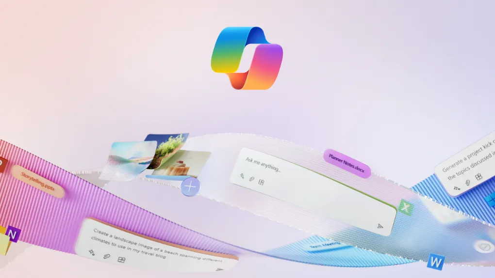 Mircrosoft Copilot logo on deskstop background with ripple effect text boxes