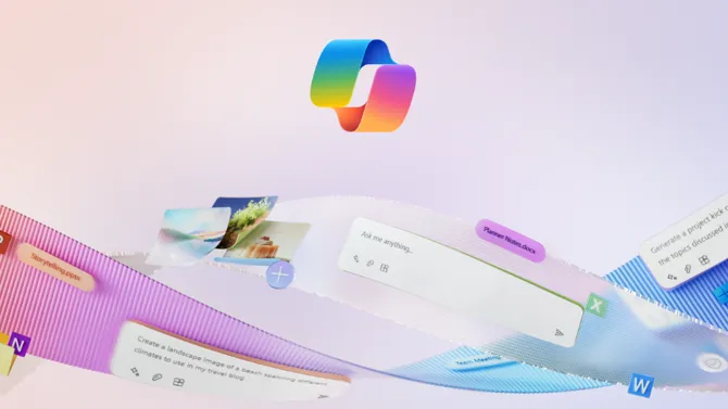 Mircrosoft Copilot logo on deskstop background with ripple effect text boxes