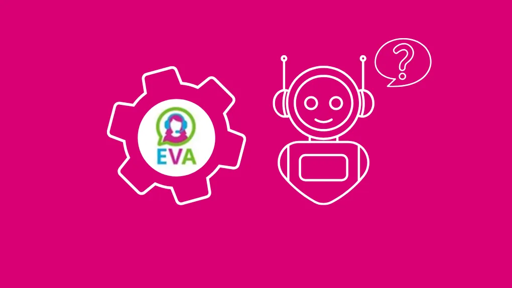 Eva logo with robot and speech bubble question mark