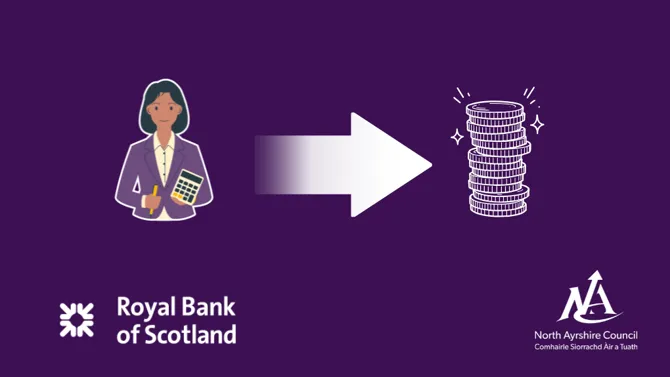 Finance advisor graphic with bank logo arrow and pile of coins