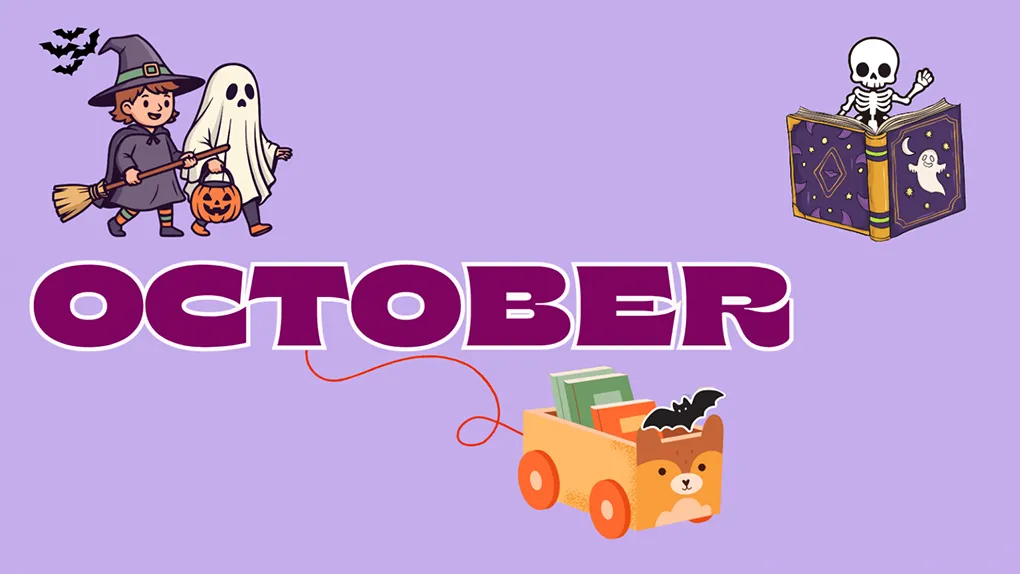 Trick or treaters with the word october and a library book cart on a purple background