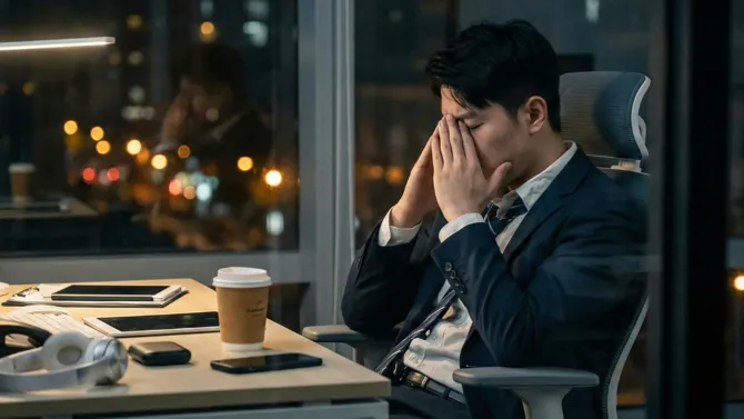 Office worker with head in hands at desk