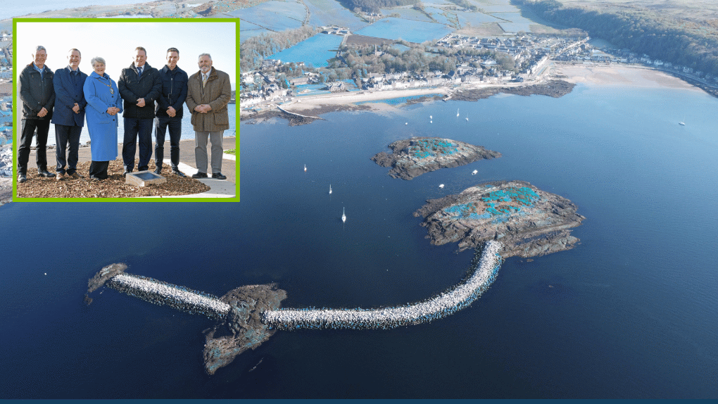 An aerial view of coastal flooding defences on a sunny day with an insert of six adults standing in a row