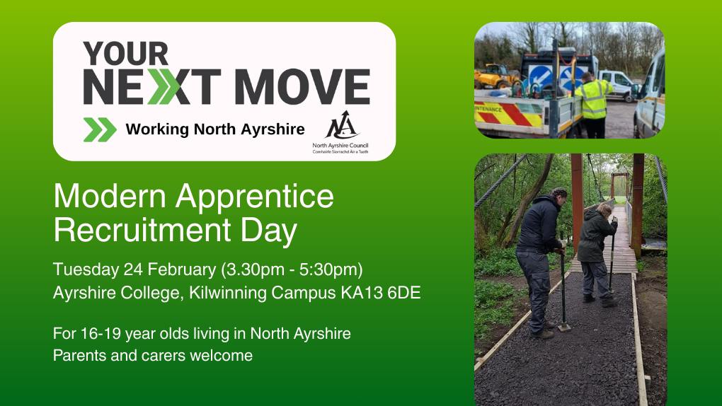 Modern Apprentice Recruitment Day flyer with recruits working outdoors