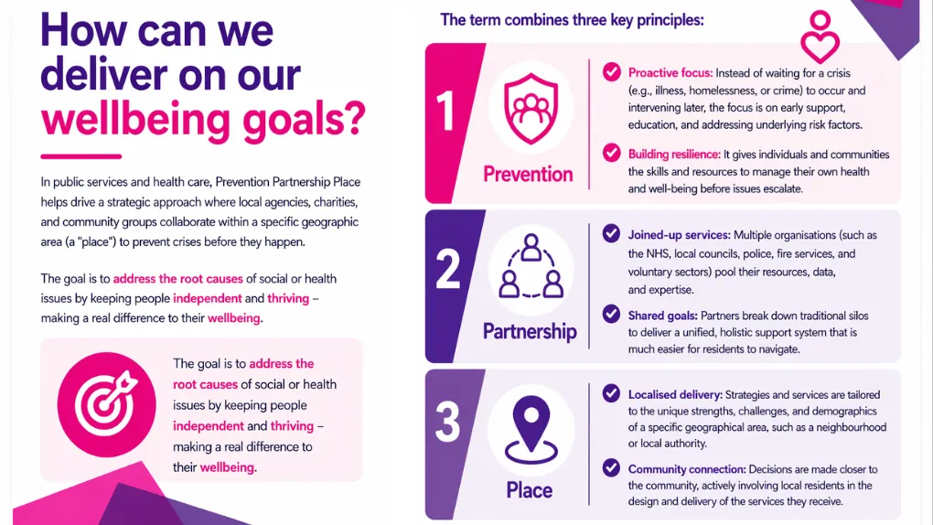 An infographic which focuses on the themes of prevention partnership and place