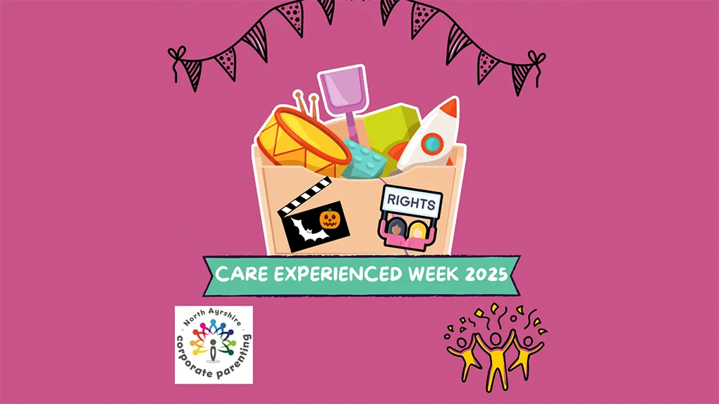 Toys in a bag on a purple background with words 'Care experienced week 2025'