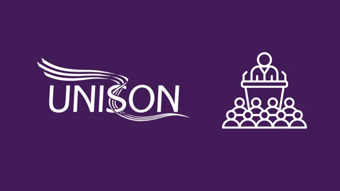 Unison North Ayrshire logo with meeting and public speaker icon